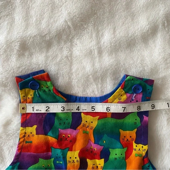 Vintage 90s handmade 100% cotton colorful rainbow cat print girl’s dress jumper - Picture 12 of 15